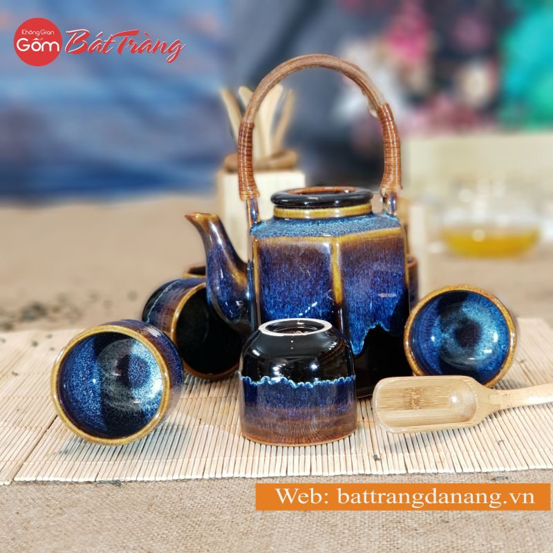 Bộ trà ấm lục giác men hỏa biến