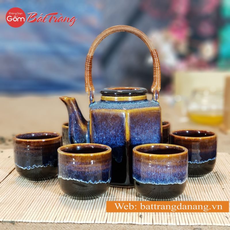 Bộ trà ấm lục giác men hỏa biến