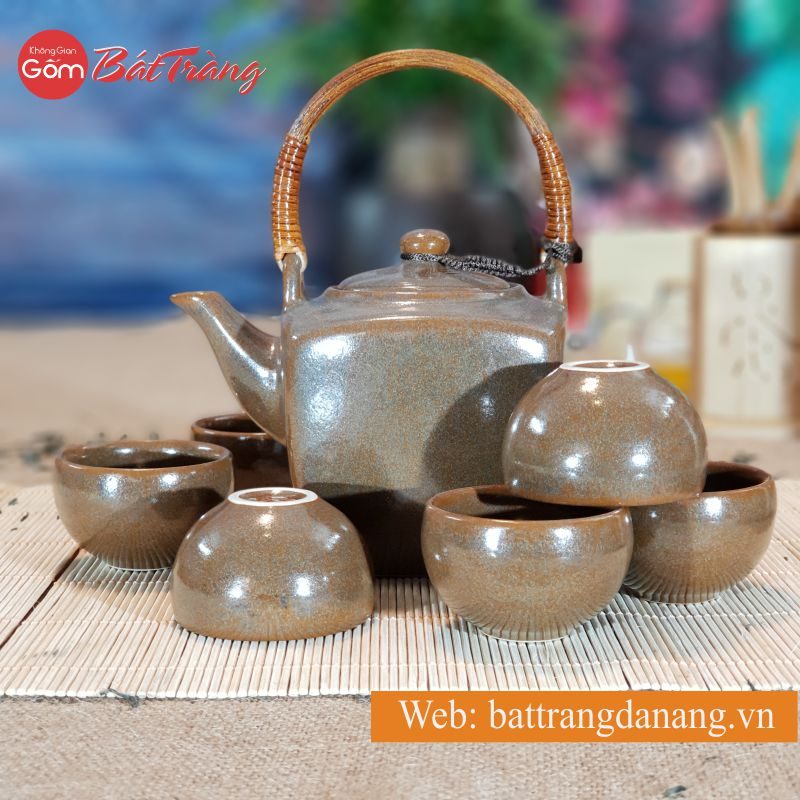 Bộ trà ấm vuông men nâu