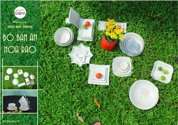 Bộ chén bát men trắng, hoa đào