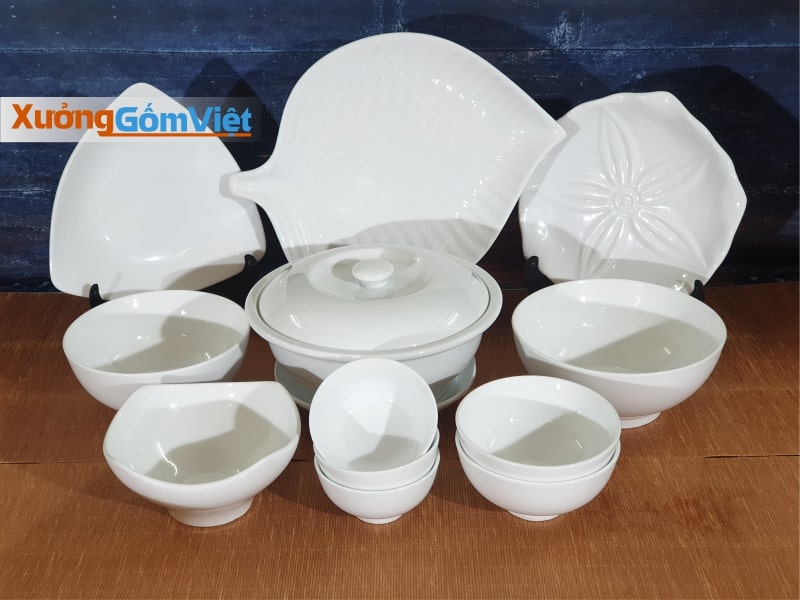 Bộ bát đĩa sứ trắng Bát Tràng