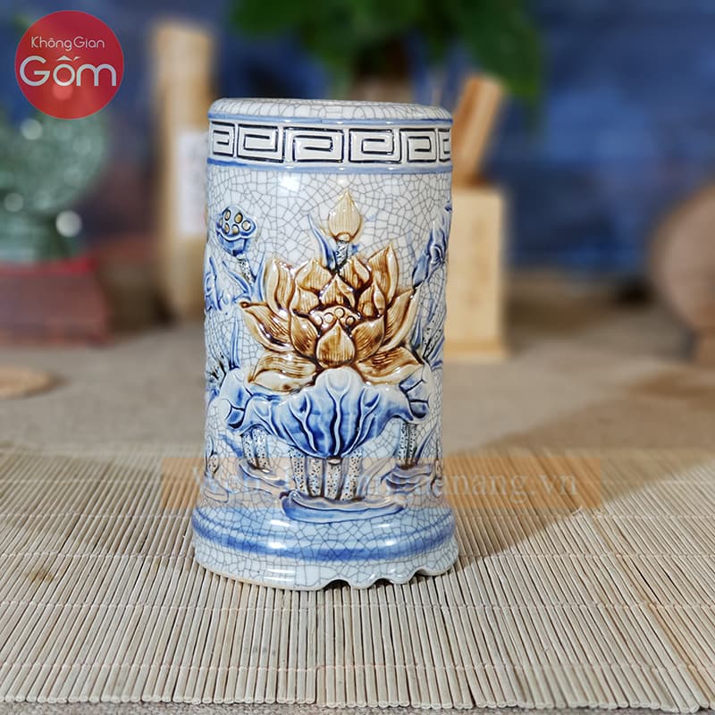 Ống hương đồ thờ men rạn vẽ sen
