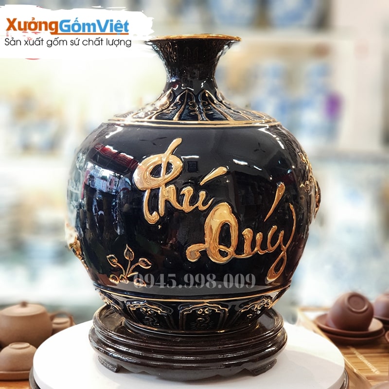 Bình hút lộc men đen họa tiết mạ vàng