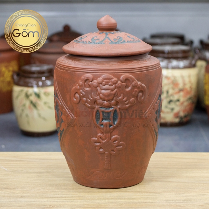 Hũ gạo Tài Lộc khắc nổi nâu sành cao cấp
