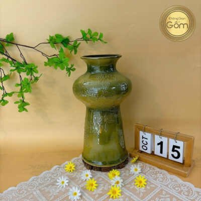 Lọ hoa lồng đèn men cốm khắc hoa lá gốm sứ Bát Tràng BT-BH114