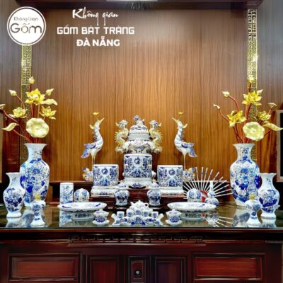 Bộ đồ thờ có đỉnh hạc men lam vẽ vàng hoạ tiết song long liên hoa tại Đà Nẵng BT-BĐT26