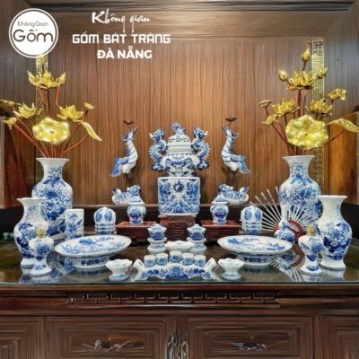 Bộ đồ thờ có đỉnh hạc men lam hoạ tiết song long liên hoa tại Đà Nẵng BT-BĐT31
