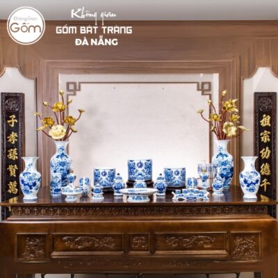 Bộ đồ thờ men lam họa tiết song long liên hoa tại Đà Nẵng BT-BĐT18
