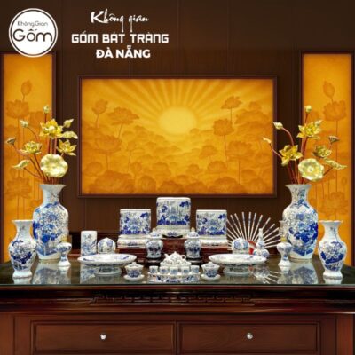 Bộ đồ thờ men lam vẽ vàng họa tiết liên hoa tại Đà Nẵng BT-BĐT02