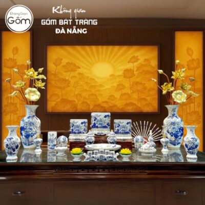 Bộ đồ thờ men lam vẽ vàng họa tiết liên hoa tại Đà Nẵng BT-BĐT03