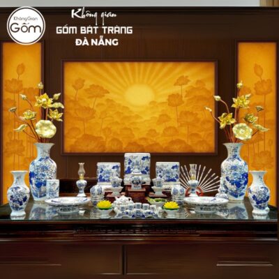 Bộ đồ thờ men lam vẽ vàng họa tiết liên hoa tại Đà Nẵng BT-BĐT04