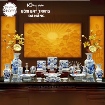 Bộ đồ thờ men lam vẽ vàng họa tiết liên hoa tại Đà Nẵng BT-BĐT05
