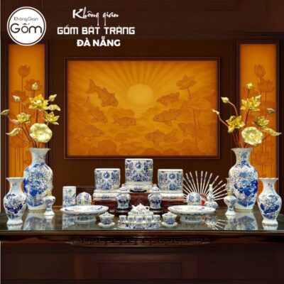 Bộ đồ thờ men lam vẽ vàng họa tiết song long liên hoa tại Đà Nẵng BT-BĐT08
