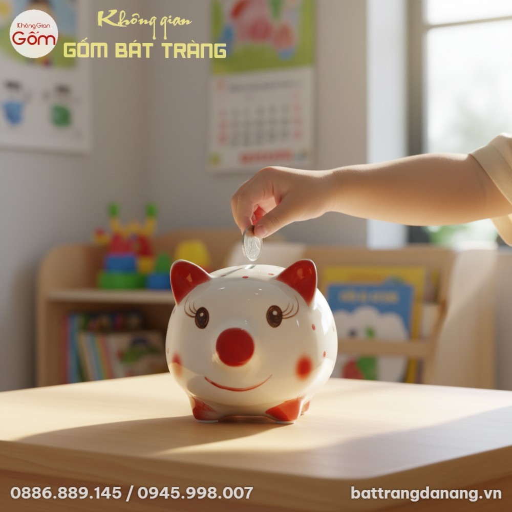 Cận cảnh chú heo đất gốm sứ mặt cười chấm bi đỏ...