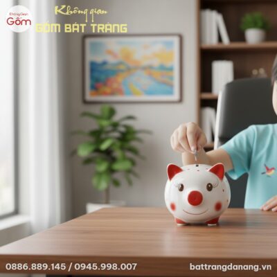 Chú heo đất gốm sứ mặt cười chấm bi đỏ đặt trên...