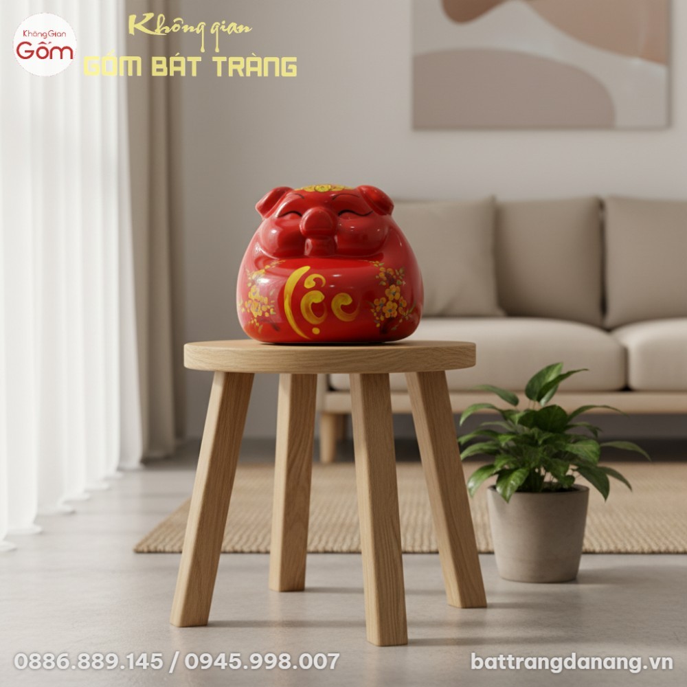 Chiếc Heo Đất Tài Lộc gốm sứ Bát Tràng màu đỏ t...