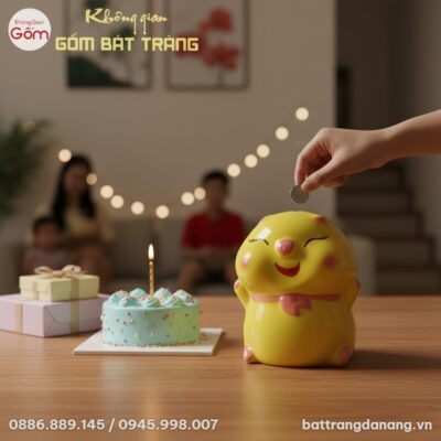 Chú heo đất gốm sứ màu vàng đặt trên bàn tiệc s...