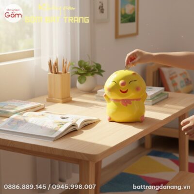 Chú heo đất gốm sứ màu vàng rạng rỡ trên bàn họ...