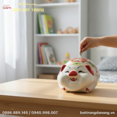Ảnh chụp cận cảnh chú lợn đất Bát Tràng màu trắ...