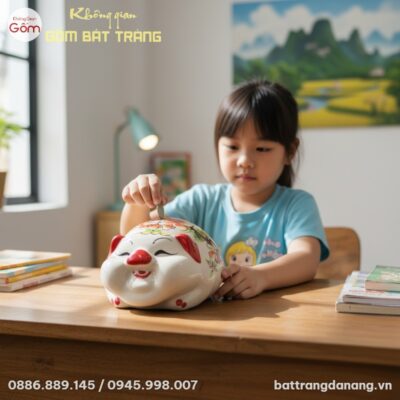 Chú lợn đất Bát Tràng màu trắng mũi đỏ đặt tran...