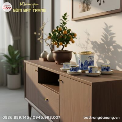 Cận cảnh bộ ấm trà Bát Tràng men lam Trúc Lâm T...