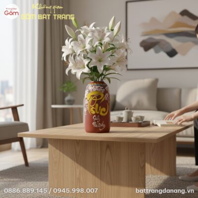 Bình hoa gốm sứ Bát Tràng họa tiết 'Phúc' cao 3...