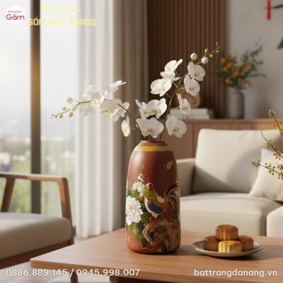 Bình hoa gốm Bát Tràng 35cm họa tiết gà trống h...