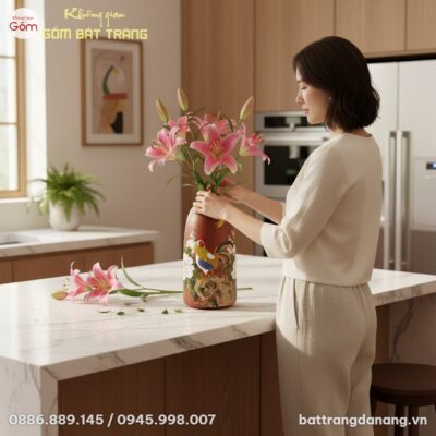 Cận cảnh bình hoa gốm Bát Tràng 35cm họa tiết g...