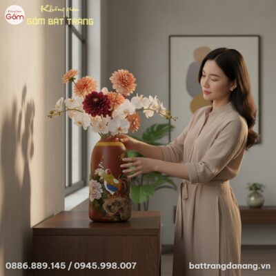 Bình hoa gốm Bát Tràng 35cm khắc vẽ gà trống ho...