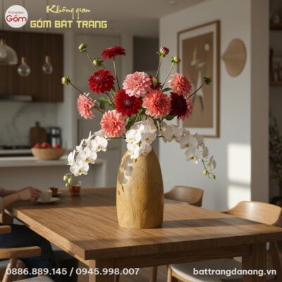 Bình hoa gốm Bát Tràng men nâu đất 52cm đặt trê...