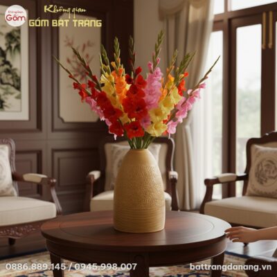 Bình hoa gốm Bát Tràng men vàng đất cao 52cm đứ...