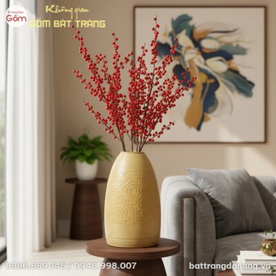 Bình hoa gốm Bát Tràng men vàng dáng chuông 52c...