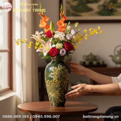 Cận cảnh bình hoa sứ Bát Tràng men xanh họa tiế...