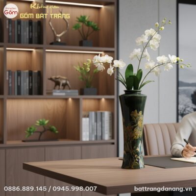 Bình hoa men xanh Bát Tràng họa tiết hoa nổi ca...