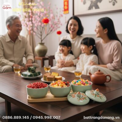 Khay mứt men ngọc hoa đào đặt tinh tế trên bàn ...