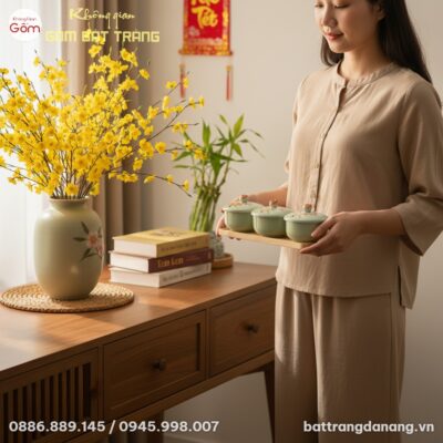 Bộ khay mứt Tết men ngọc họa tiết hoa đào đặt t...