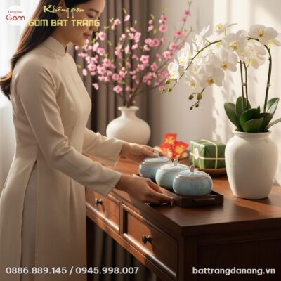 Cận cảnh 1 người phụ nữ Việt Nam đặt Bộ 3 hũ mứ...