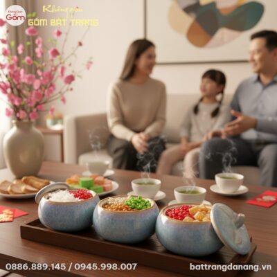 cận cảnh bộ 3 hũ mứt men hỏa biến dáng bí nắp m...