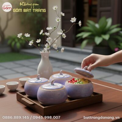 Bộ 4 hũ mứt men hỏa biến tím trên khay gỗ tinh ...