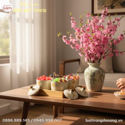 Bộ 4 hũ mứt Tết hoa mai Bát Tràng đặt trang trọ...