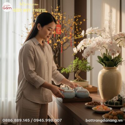 Bộ 4 hũ đựng mứt men hỏa biến trên khay gỗ đặt ...