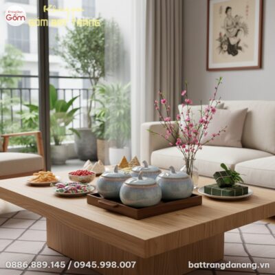 cận cảnh cảnh bộ 4 hũ đựng mứt dáng bí men hỏa ...