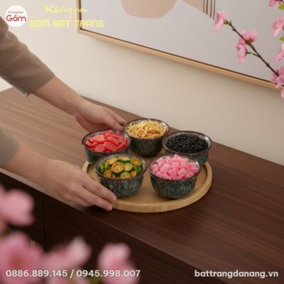 Cận cảnh bộ 5 hũ mứt men hỏa biến màu xanh rêu ...