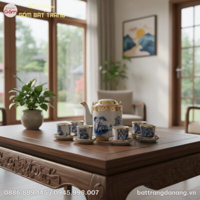 Bộ ấm tích men rạn Bát Tràng vẽ sơn thủy bọc đồ...