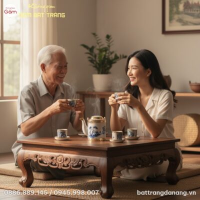 cận cảnh bộ ấm tích men rạn Bát Tràng vẽ sơn th...