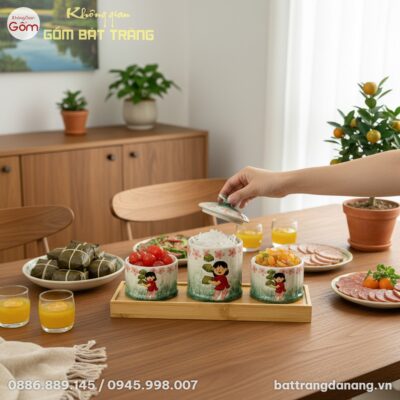 Góc rộng bộ khay mứt Tết gốm sứ trên bàn trà gỗ...