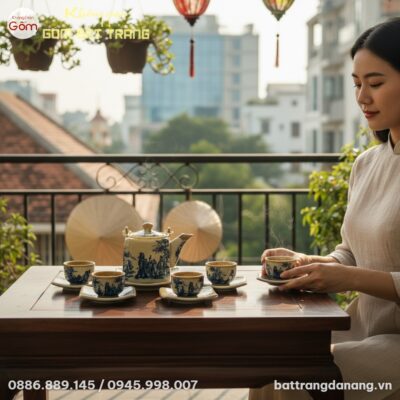 Bộ trà men rạn Bát Tràng đặt trên bàn gỗ nhỏ cạ...