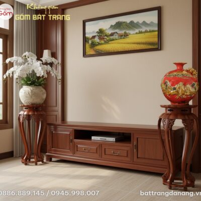 Cặp đôn gỗ dáng sen nâu đỏ bóng một đôn kê bình...