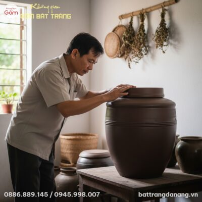 Một chum sành mộc Bát Tràng 20L đặt bên hiên nh...