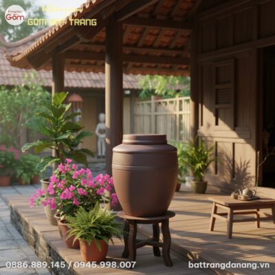 Một chum sành mộc Bát Tràng 20L đặt bên hiên nh...